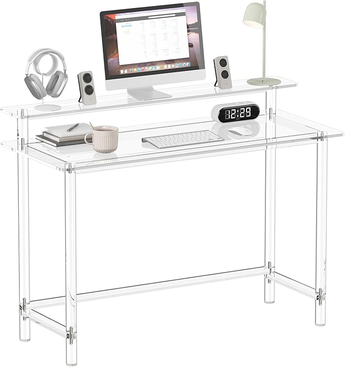 Eglaf Acrylic Desk - 47.2 L x 19.7'' W x 34.5 H - Modern Home Office Desk with Monitor Stand - Clear Desk Computer Desk Writing Table for Office Living Room Bedroom