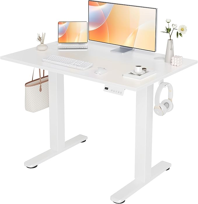 Seang Electric Height Adjustable Standing Desk 40 x 24 Inch Sit-Stand Workstation with T-Style Frame 3 Memory Height Options &amp Built-in Cable Management for Home Office White Frame/White Top