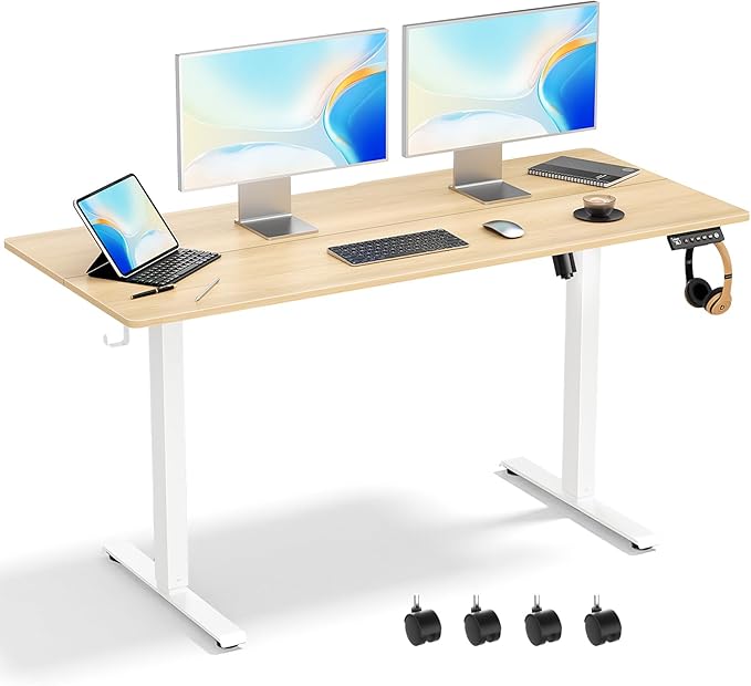 55 x 24 Inch Electric Standing Desk Adjustable HeightSit Stand Up Desk with WheelsHome OfficeRising DeskComputer Workstation Gaming Work (Spliced DesktopOak)