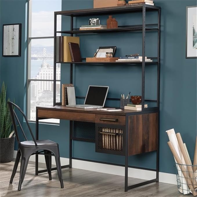 Pemberly Row Engineered Wood Computer Desk with Hutch Barrel Oak Finish 72 in H x 48 in W x 23 in D Adjustable Shelves Keyboard Tray File Drawer Industrial Home Office Desk