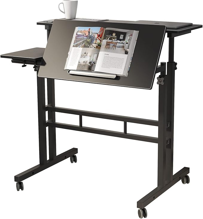 DlandHome Sit-Stand Desk Cart Mobile Height-Adjustable Sit to Stand Office Desk Riser Standing Table Workstation Mobile Desk Black 101-2BK