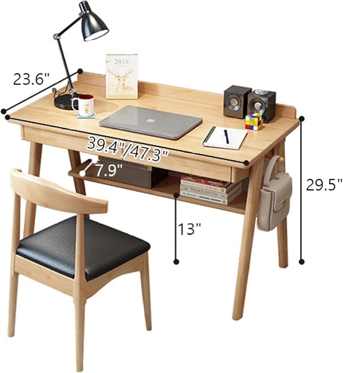 Writing Desk with 2 Drawers and Storage Shelf Modern Simple Solid Wood Writing Study Desk Workstation Home Office Desk(39Inch White)