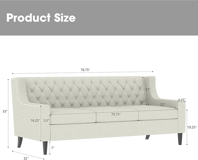 Ball &amp Cast 78.75 Modern Sofa with utton Tufted BackrestComfy Couch w/Cushions and Upholstered3 Seat Couches for Living RoomOfficeApartmentEasy to AssembleBeige