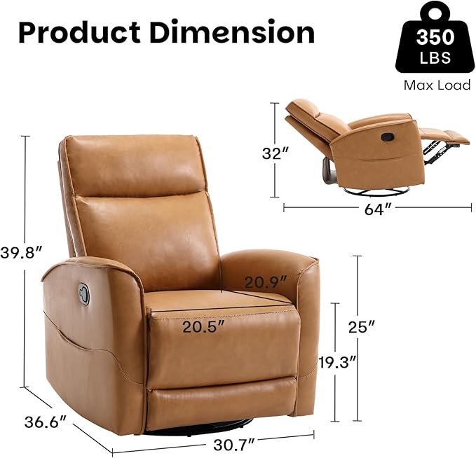 CANMOV Leather Recliner Chair Swivel Rocker Recliner Chair 360°Swivel Nursery Glider Recliner Manual Recliner for Small SpacesLiving RoomBedroomBrown
