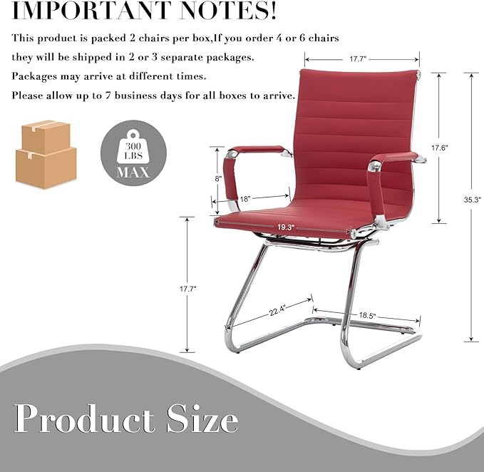 CIMOTA Waiting Room Chairs Leather Office Guest Chair Mid Back Reception Chairs with Sled Base for Meeting/Patient/Conference Room Red Set of 2