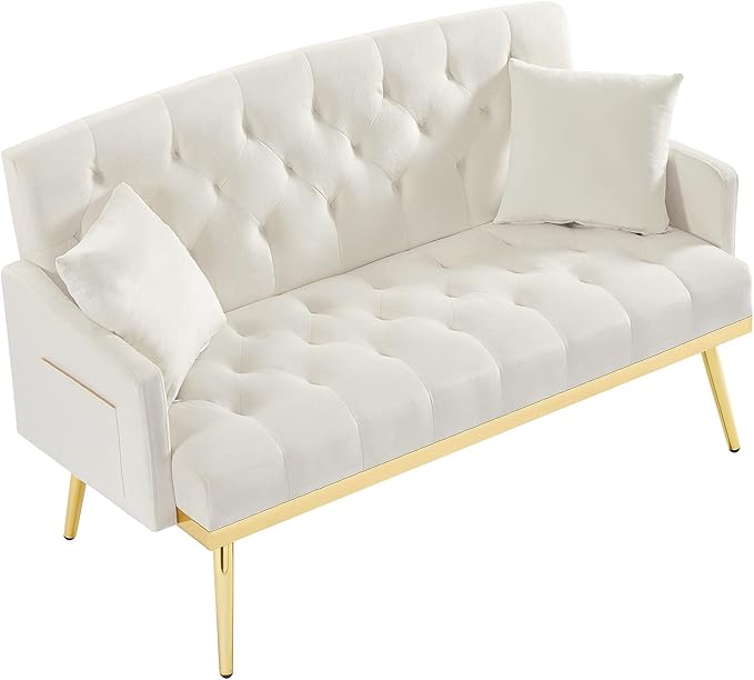 Velvet Tufted Small Loveseat Sofa Modern 2 Seater Accent Sofa Couch with Gold Metal Legs and 2 Pillows for Living Room (Cream White)