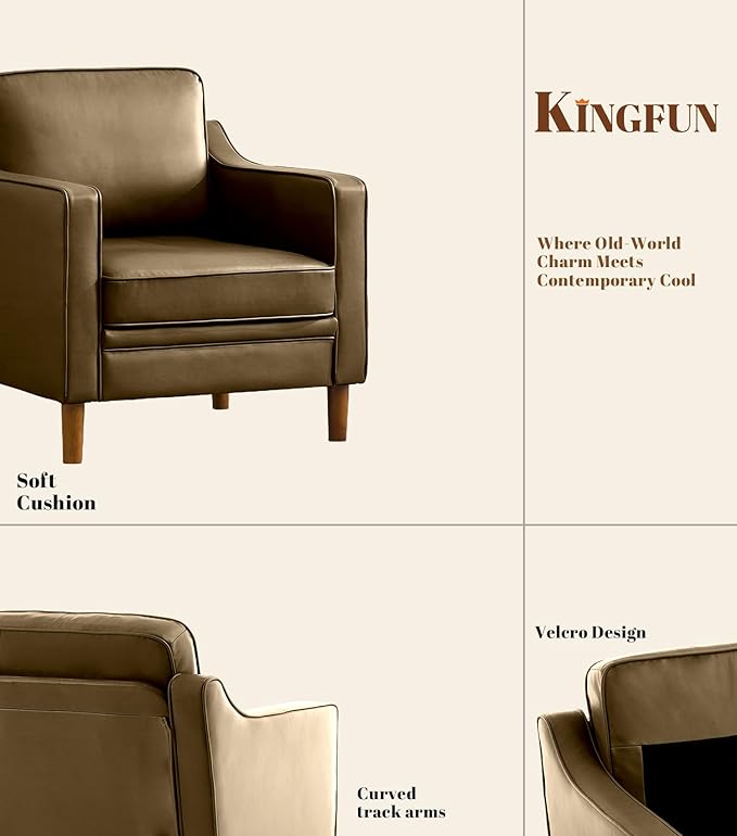 Kingfun Accent Chair Living Room Chairs Faux Leather Reading Armchair Mid Century with Solid Wood Foot Upholstered Modern Decor for Bedroom Apartment Green