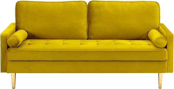 65'’ Velvet Upholstered Loveseat Sofa with Gold Metal Legs Modern Tufted Backrest Couch Solid Wood Frame for Living Room BedroomApartmentOfficeSmall Space (Yellow)