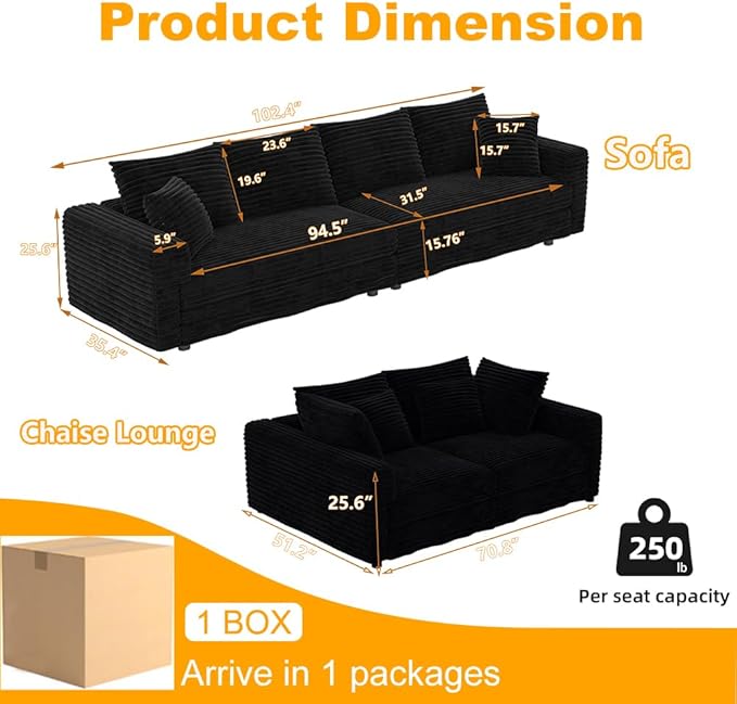 Cloud Couch Modular Sectional Sofa Fluffy 4 Seater Corduroy Cloud Sofa Couch 102.4'' Oversized Chaise Lounge Sleeper Sofas Deep Seat Sectional Couches for Living Room Black