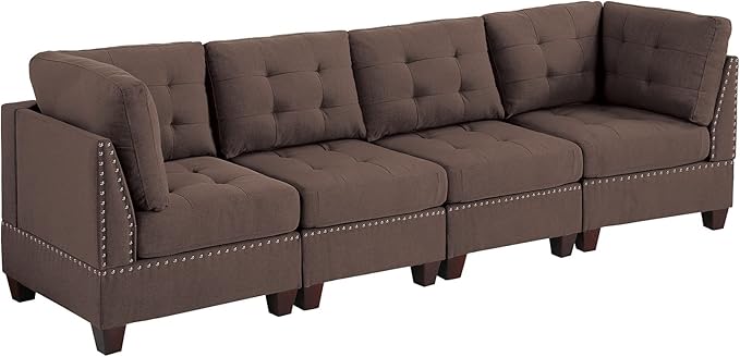 Armless Chair Black Coffee Linen Fabric Tufted Cushion Nailheads Wooden Legs - Accent Chair for Living Room