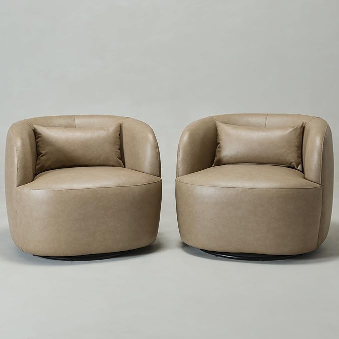 KINWELL Faux Leather Swivel Armchair Set of 2 No Assembly Upholstered PU Leather Swivel Accent Chairs with Toss Pillow for Living Room Office Lounge Khaki