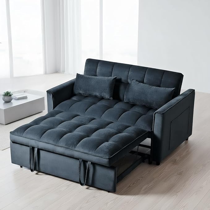 Modern Velvet Sofa Bed with 3-Level Adjustable Backrest &amp Included Pillows Pull Out Convertible Sleeper Chair with High Density Foam for Small Spaces (Black)