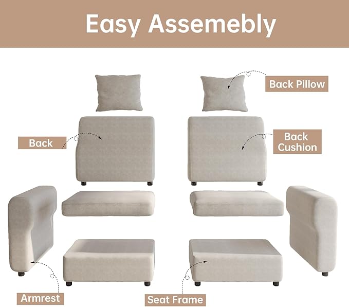 Modular Sectional 3 Seater Sofa Couch Modern Velvet with Removable and Washable Cushion Cover for Small Spaces Solid Wood Frame 108.66” Width Beige