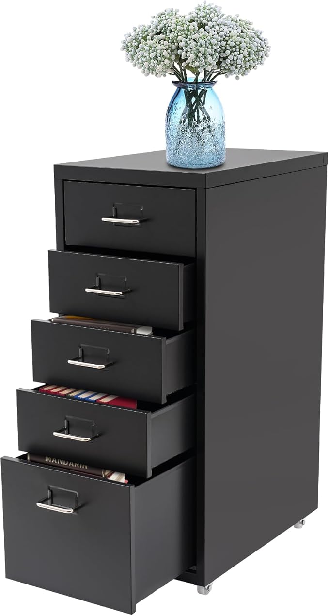 Mobile 5 Drawer Locking Pedestal File Cabinet Deep Light Duty Metal Letter Filing Cabinet Metal File Storage Cabinet 4 Small Drawers 1 Large Drawer 11.02lbs Each Tier Load Capacity