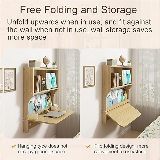 Wall Mounted Folding Table Floating Desk for Wall with Storage Shelves Space Saving Wall Desk Fold Down for Home Office Bedroom(Brown)