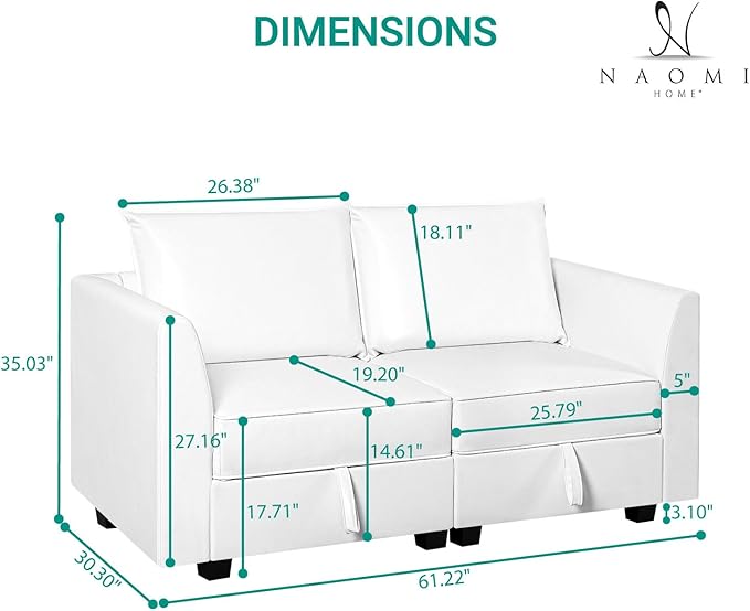 Naomi Home Elizabeth Modern Loveseat Sofa with Extendable Design &amp Soft Comfortable Seating – Air Leather Modular loveseat Sofa with Sturdy Wooden Frame Ideal for Small Spaces Easy Assembly Whi