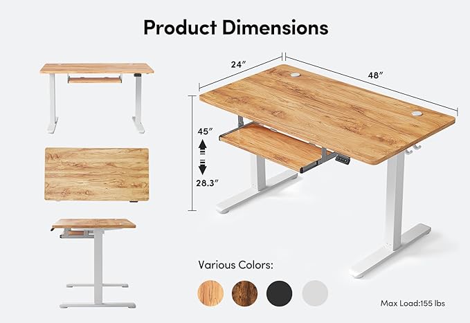BANTI 48 x 24 Height Adjustable Electric Standing Desk with Keyboard Tray Sit Stand up Desk with Splice Board White Frame/Light Rustic Brown Top