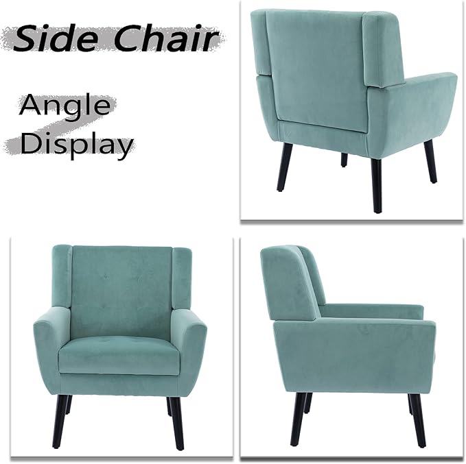 Dolonm Midcentury Modern Velvet Accent Chair with Arms Upholstered Reading Side Chair Tufted Back Decorative Wingback Chair for Living Room Bedroom (Mint Green)