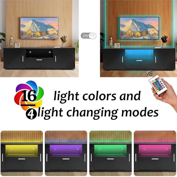 Modern Black TV Stand with Storage Drawers – Fits up to 55 Inch TVs 200 lbs Capacity Minimalist Entertainment Center for Living Room