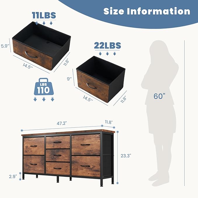 DUMOS TV Stand 7 Drawer Dresser for Bedroom with Storage TV Stands for Living Room Grey Farmhouse Entertainment Center Media Console Table with Metal Frame Adjustable Feet