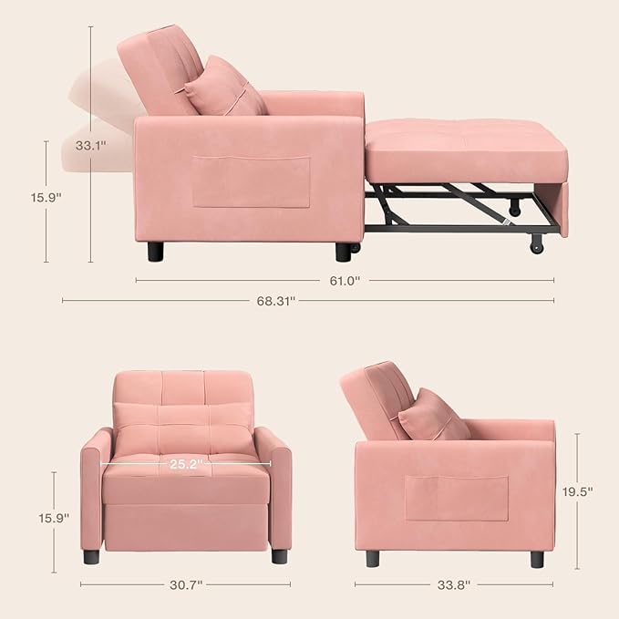 Aiho Convertible Sleeper Chair with Pillow &amp Pocket 3-in-1 Sofa Bed in Modern Linen Fabric for Apartment Pink