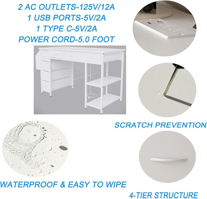 47 Computer Desk with Power OutletWriting DeskHome Office DeskVanity Table with 7 Fabric Drawers Large Side PocketWhite