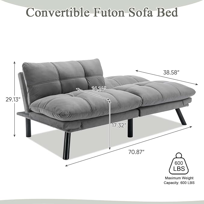 Convertible Velvet Futon Sofa Bed Comfy 72 L Sleeper Couch with Thicker Cushion Upholstered Modern Reclining Loveseat Folding Sofa for Small Living Room Dorm Apartment Office Light Gray