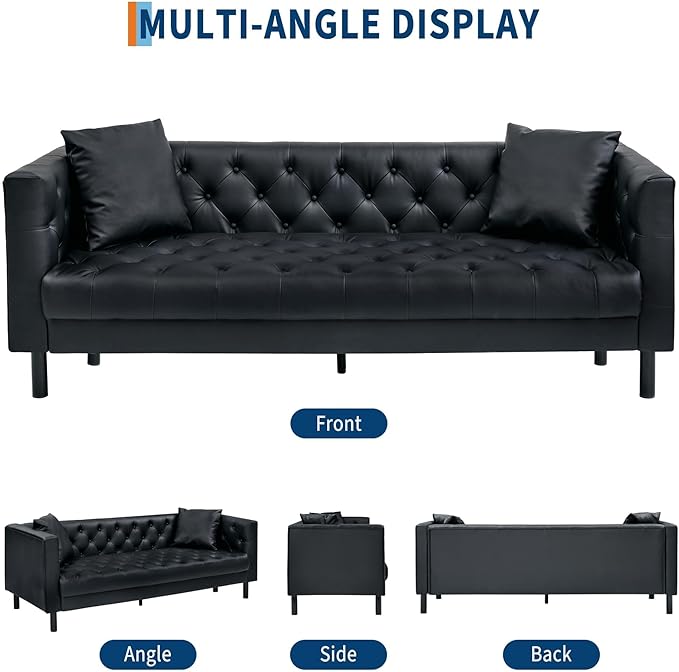 IDEALHOUSE 81 Leather Sofa Button-Tufted 3 Seater Sofa Mid-Century Modern Leather Couch with Deep Seat Chesterfield Sofa for Living Room Apartment Office Black