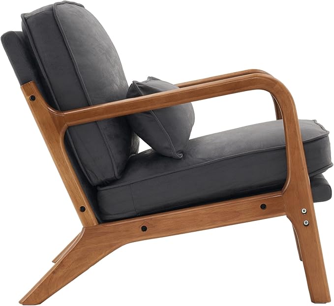 i-POOK Accent Chair Mid-Century Bronzing Cloth Upholstered Armchair with Pillow and Back Cushion Comfy Single Sofa Chair with Solid Wood Legs Reading Chair for Living Room Bedroom Office Dark Grey