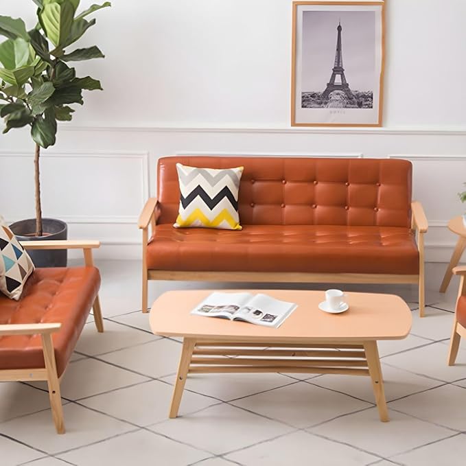 Modern Mid-Century Modern Faux Leather Loveseat Sofa with Tufted Back in Solid Color for Living Room Apartment and Small Space Tangerine Oiled Leather 44.5 L x 25.5 W x 27.5 H Natural Wood Leg