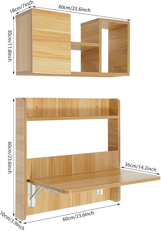 Floating Desk 24 Wall Mounted Folding Desk with Bookshelf Folding Wall Desks Space Saving Workstation with Storage Shelves for Home Office Bedroom Study Room Small Space