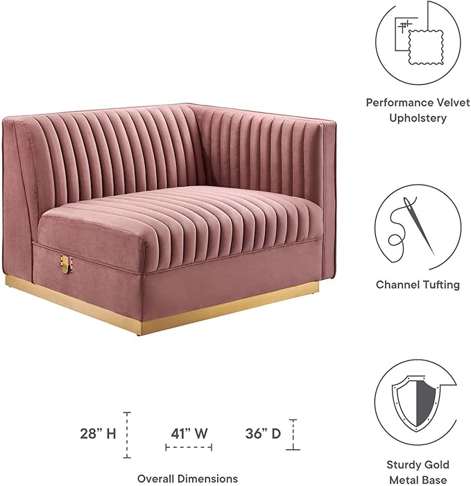 Modway Sanguine Channel Tufted Upholstered Performance Velvet Modular Sectional Sofa Right-Arm Chair in Dusty Rose