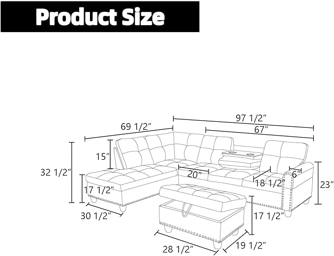 FONTOI L Shaped Sectional Couch Sofa 4-Seat Modern Sectional Sofa with Cup Holders &amp Nail-Head Trim – PU Leather L-Shaped Couch for Living Room Bedroom Apartment Brown A