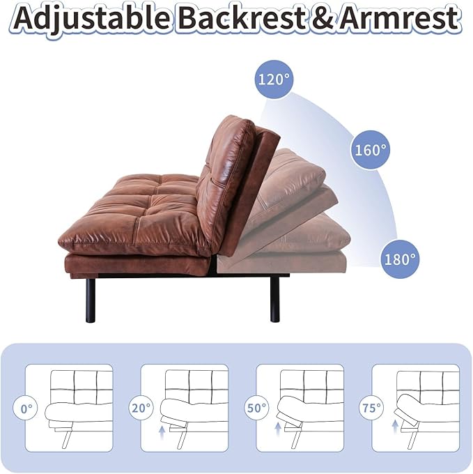 MUUEGM Brown Futon Sofa Bed Leather Memory Foam Modern Office Couch Sleeper Bed Convertible Love seat Sofa for Small SpacesApartmentOffice with Adjustable Armrest Backrest