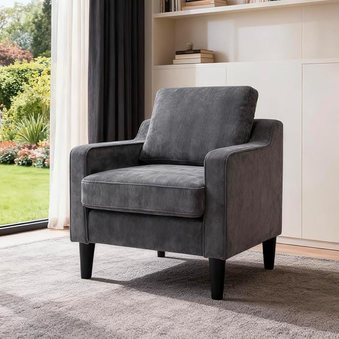 Accent Chair for Living Room Mid-Century Armchairs for Small Spaces Chenille Upholstered Comfy Reading Armchair with Studded for Bedroom (Grey-A)