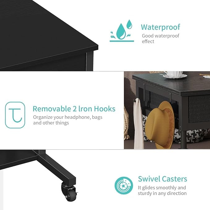 Small Portable Rolling Standing Desk - 32 Inch Adjustable Mobile Stand Up Gaming Desks with 2 Fabric Drawers on Wheels Couch Sofa Side Laptop Table with Storage for Home Office Black