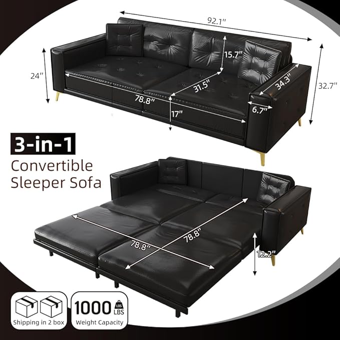 92 King Pull Out Sofa Bed PU Leather Convertible Sleeper Couch with Tufted Design Oversized 4-Seater Modern Mid Century Sectional Couch for Living Room Small Spaces Black