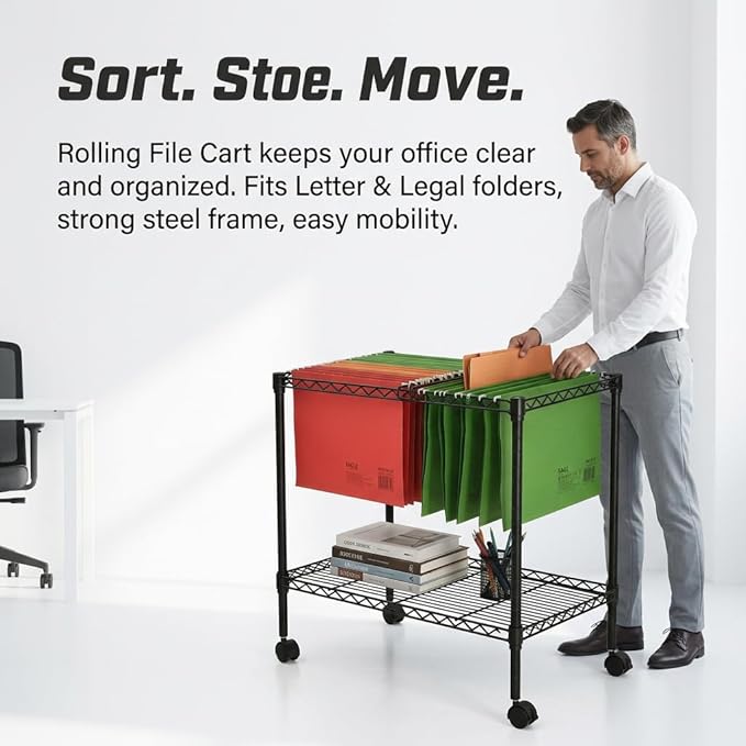 Finnhomy Premium 1-Tier Metal Rolling File Cart for Letter Size and Legal Size Folder Black