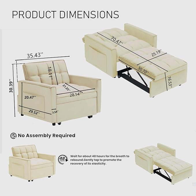3 In 1 Velvet Convertible Sofa Bed Pull Out Couch Bed with Reclining Backrest And 2 Pillows 54 Full Size Loveseat Sleeper Sofa Futon Couch Bed Couches For Small Spaces Living Room (Cream White)