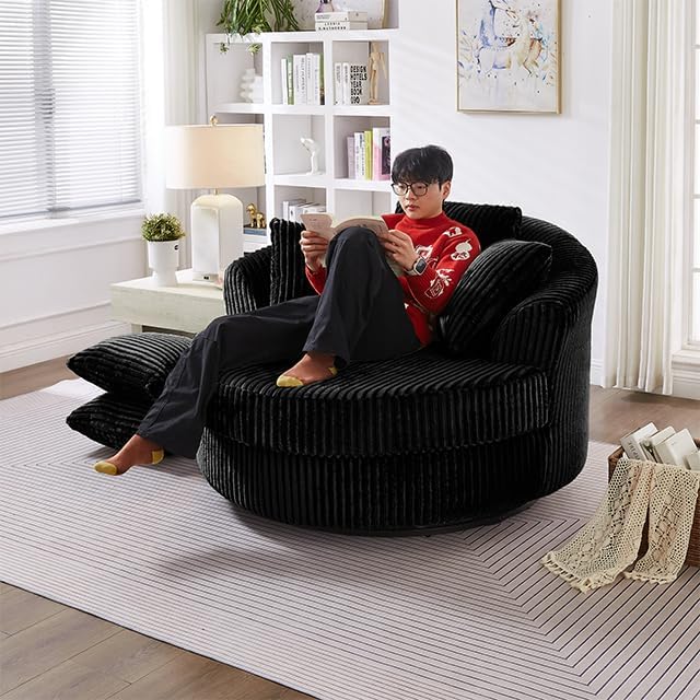 360° Swivel Accent Barrel Chair Corduroy Comfy Round Swivel Chair with Mental Base &amp Pillows Modern Lounge Reading Armchair Upholstered Plush Sofa Chairs for Living Room Bedroom Apartment(Bla