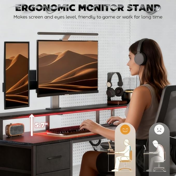 66.9'' Gaming Desk with 4 Fabric Drawers &amp File Cabinet Modern Computer Desk with Power Outlets and LED Lights Home Office Desk PC Desks for Home Office Study (Black)