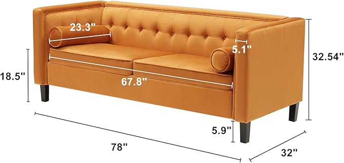 WILLOVE 78 Mid-Century Modern Velvet Sofa 3 Seater Couch with Comfy Deep Seats Futon Loveseat Couch for Living Room Furniture with Two Throw Pillows Easy to Install (Ginger)