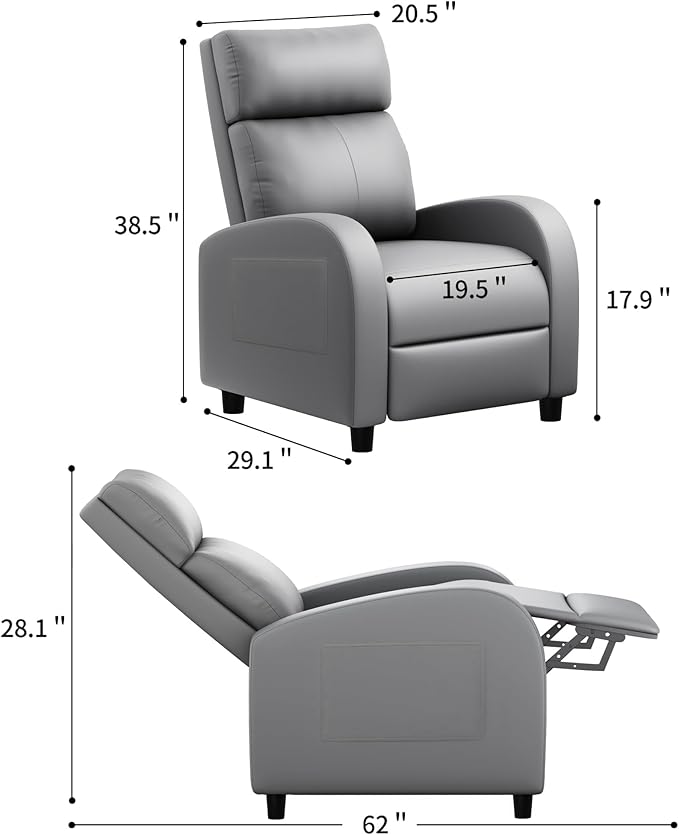 JUMMICO Recliner Chair Adjustable Home Theater Single Recliner Sofa Furniture with Thick Seat Cushion and Backrest Modern Living Room Recliners (Leather Grey)