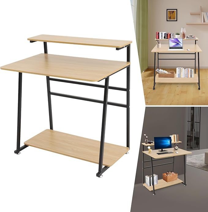 3 Tier Home Office Desk Adjustable Rolling Computer Desk with Wheels &amp Foot Pads for Home Office Study Apartment Dorms 31.5 Desktop (Black Frame &amp Log Color Board)