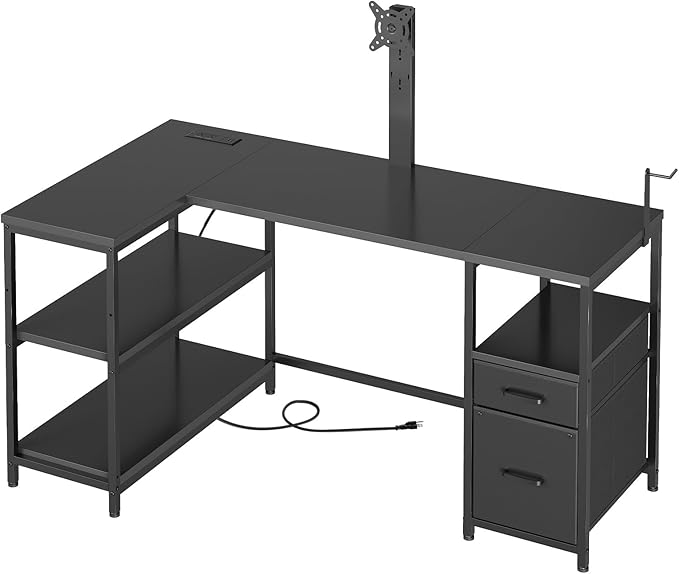 L Shaped Computer Desk with Adjustable Monitor Stand Gaming Desk with Power Outlets Office Desk with Fabric Drawer File Drawer and Hook for Living Room Home Office Black DN03UBB