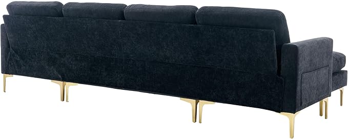 Merax Velvet L-Shape Sofa 4 Seat with Chaise and Movable Ottoman 110.6 Sofa Couch for Living Room Apartment Office (Black)