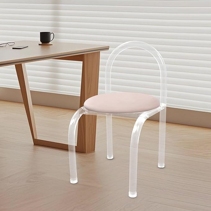 Modern Minimalist Acrylic Chair Clear Vanity Stool with Backrest and Cushion Small Accent Chair for Makeup Room Dining Room Living Room (Pink)