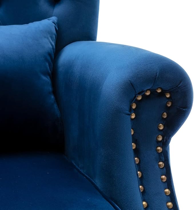 Kmax Velvet Tufted Accent Chair Mid Century Throne Chair Comfy Sofa Chair Padded Seating WingBack Unique Wood Legs Home Club Bedroom Living Room Blue