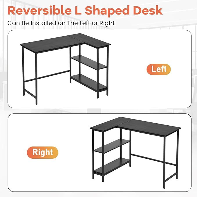 BLKMTY L-Shaped Computer Desk with Storage Shelves 43 Home Office Corner Desk for Small Spaces Reversible Study Writing Table Workstation Black