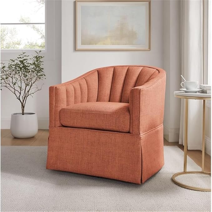 Pemberly Row Coral Polyester Fabric Skirted Swivel Accent Chair Channel-Tufted Back Flared Arms Plush Coil Spring Seat 29.25W x 30.75D x 32H Coastal Style Living Room or Relaxation Space Use